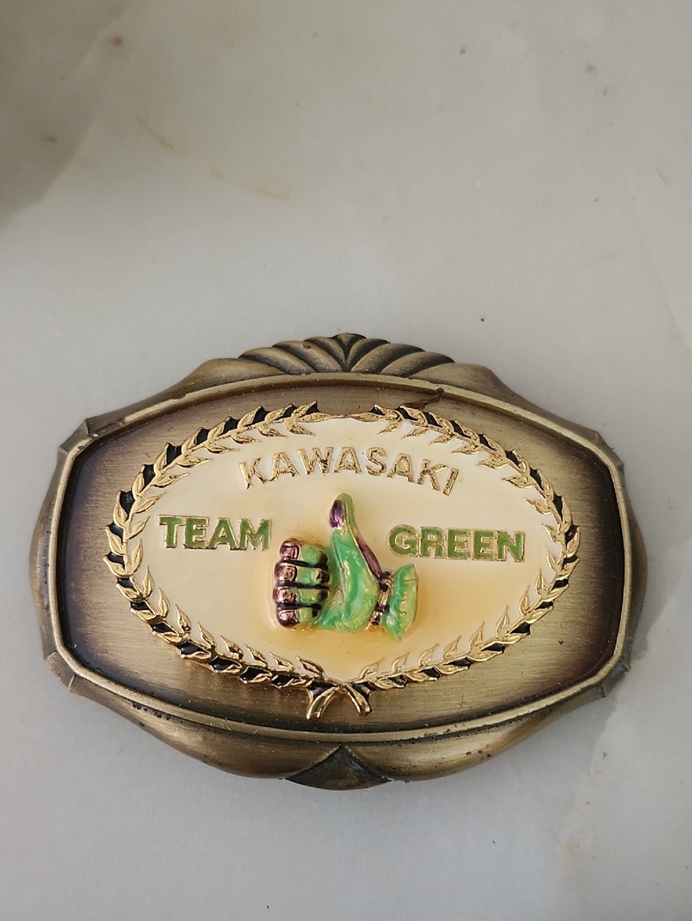 Vtg 1978 Kawasaki Team Belt Buckle 24k Gold Inlay Green Thumbs Up